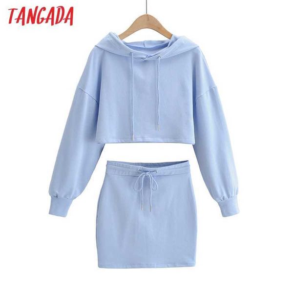 

tangada women tracksuit sets oversized crop cotton suit 2 pieces sets hood hoodies sweatshirt skirt suits 4p23 210609, White