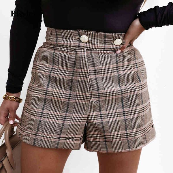 

women's shorts elegant pocket office lady short pants vintage high waist 2021 fashion summer button plaid streetwear t7zj, White;black