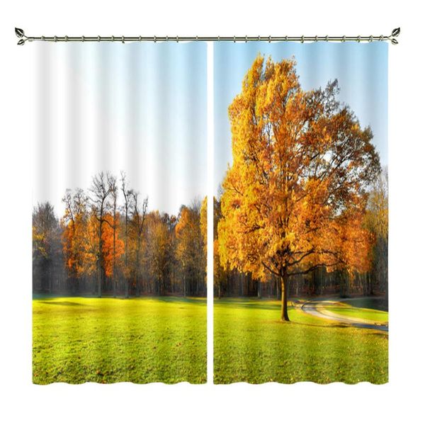 

curtain & drapes golden trees blue sky grassland tourism scenery personality customization living room bedroom black silk material