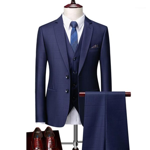 

men's suits & blazers suit coat pants vest 3 pcs set / nice casual boutique business british style plaid trousers waistcoat, White;black