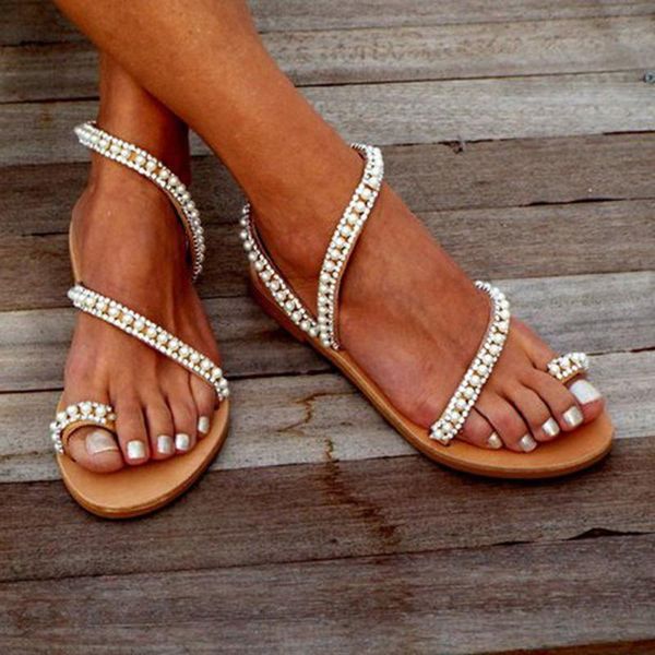 

sandals women shoes fashion pearl woman flats open toe sandales breathable comfortable beach roman 2021, Black