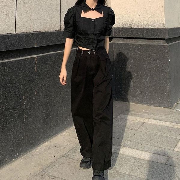 

women's jeans women spring abdomen black all-match harajuku loose high waist denim girls full length clothes straight chic solid, Blue
