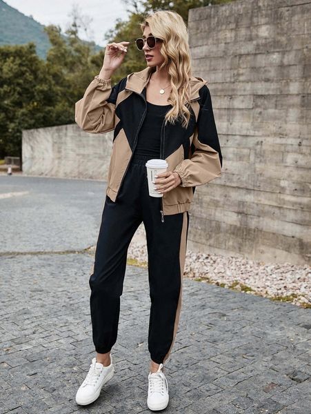 

colorblock hooded zip up jacket & sweatpants set q4xz#, White