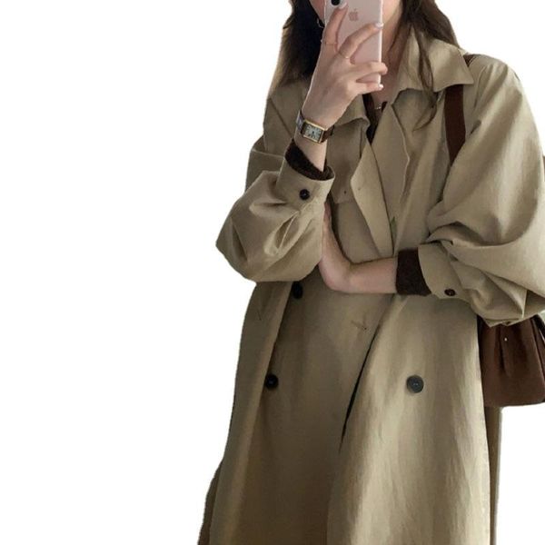 

women's trench coats 2021 korean loose medium and long windbreaker commuting temperament thin lace up knee length coat autumn, Tan;black