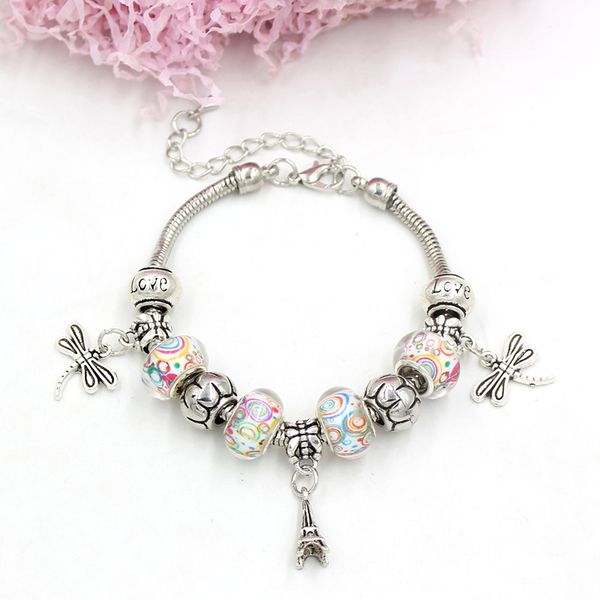 

new arrival dragonfly effel tower charm bracelets for women gift pulsera bijoux big hole lampwork beaded bracelet christmas holiday gifts, Golden;silver