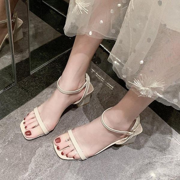 

sandals thick heel fairy style 2021 summer fashion open toe transparent one line high shoes, Black