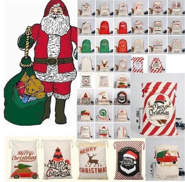 2021 Nuova grande borsa di tela pesante organica Regalo di Natale Borse in cotone con coulisse per la protezione dell'ambiente con renne Borse a sacco di Babbo Natale