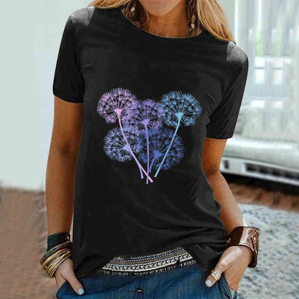 

women's funny t-shirt, dandelion print, casual short sve, loose, summer, White