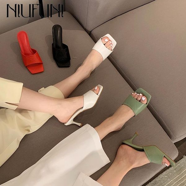 

slippers summer slip-on stiletto high heels women's sandals soft leather open toe fashion simple slides shoes beach party female, Black