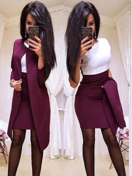 

two piece suit skirt stitching women dress longsleeved mini formal wear business work banquet with a, White