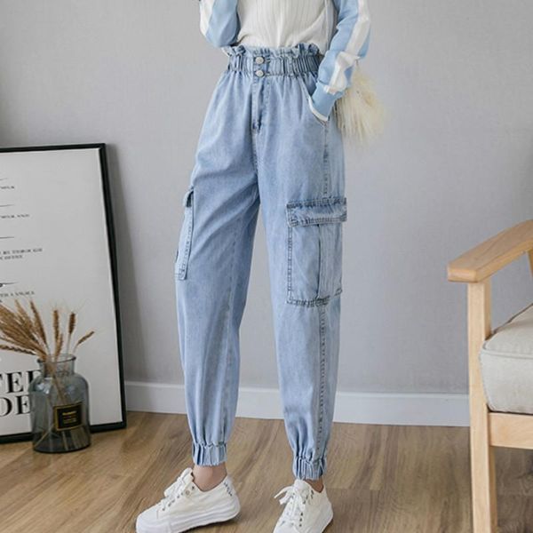 

women's jeans elastic waist high loose harem for women s  l xl, Blue