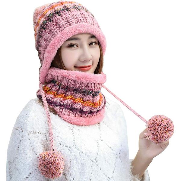

cycling caps & masks outdoor sport warm fleece lined women knit beanie scarf set girls winter ski hat, Black