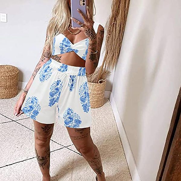 

women's tracksuits summer fashion suits casual printed sleeveless camis +short pants 2 piece set home clothes ensembles femme, Gray