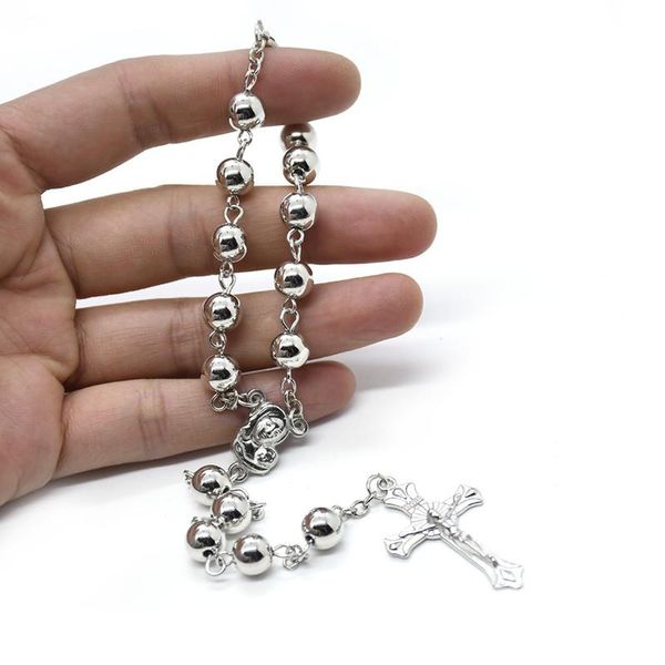 

link, chain white k silver color beads rosary bracelets for female religious christian catholic cross church prayer car hangings jewelry, Black