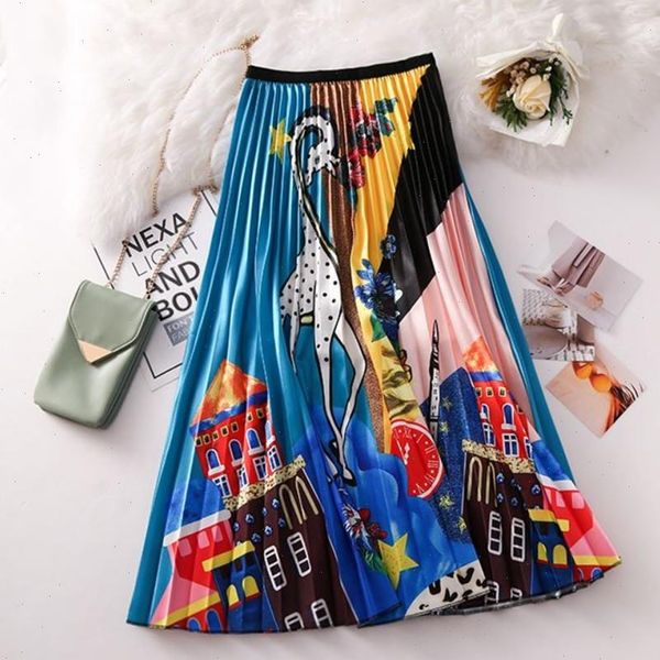 

women skirt cartoon print high waist a line pleated summer vintage elastic midi saias femme quality, Black