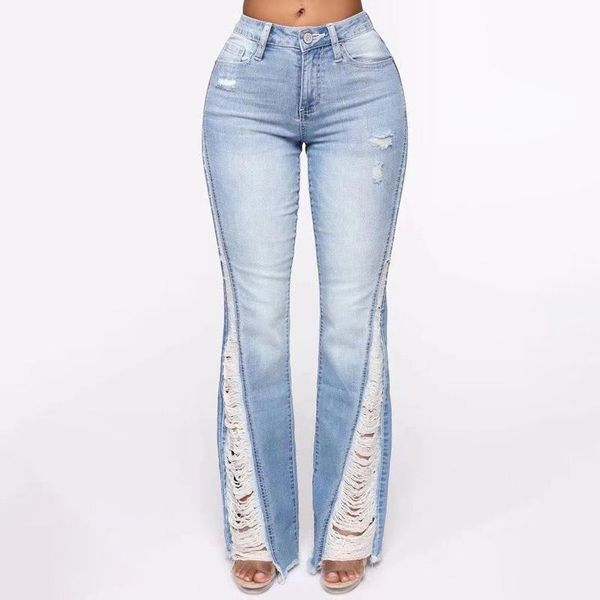 

women's jeans denim 2021 skinny slim fit pants high waist elastic wide leg straight baggy, Blue