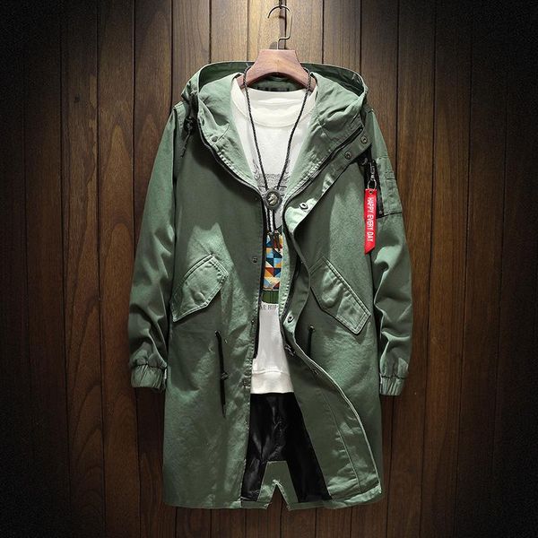 

men's trench coats long coat jacket men cotton autumn spring black hip hop japanese streetwear hooded army green casual jackets, Tan;black