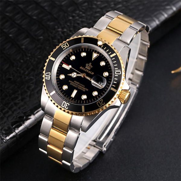 

wristwatches reginald watches rotatable bezel gmt sapphire glass date stainless steel watch men sports relogio masculino reloj hombre, Slivery;brown