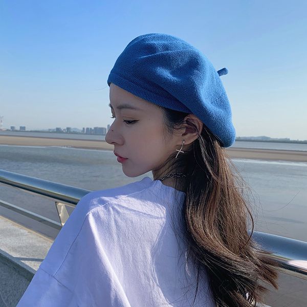 

spring summer thin candy color knitted beret small face large dome painter's british style newspaper children's hat, Blue;gray