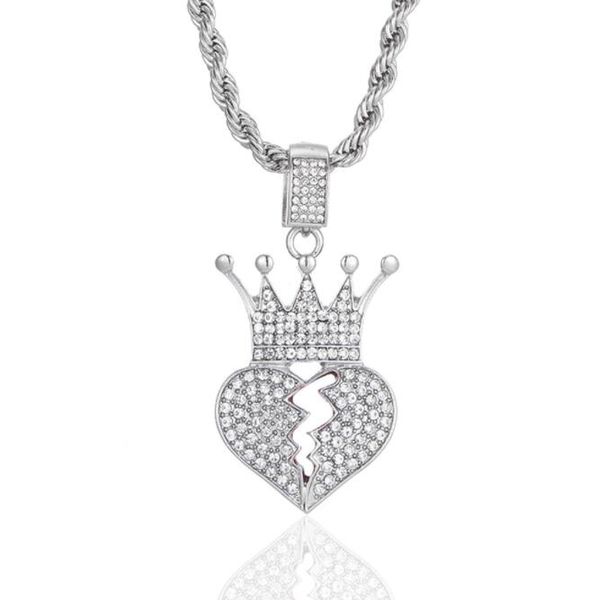 

hip hop personality crown broken heart pendant necklaces valentine's day gift for men women rapper jewelry, Silver