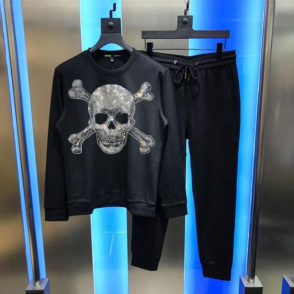 

men's tracksuits winter sets sweatshirt fleece male tracksuit skull diamond shiny oversized hoody comfortable sweatpants + hoodie, Gray