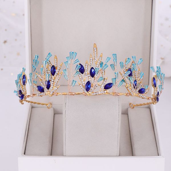 

trendy wedding crown blue rhinestone crystal crown hair accessories gold leaf headdress crown bridal wedding hair accessoriesdio chan contac, Golden;white