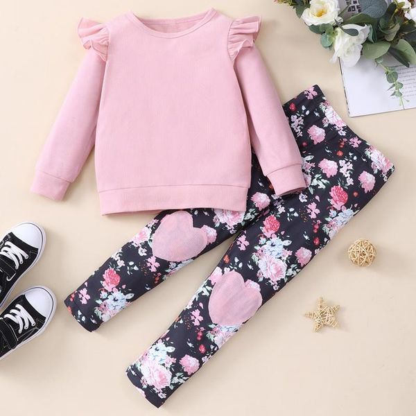 

clothing sets spring fall girls outfits kids clothes 2 pcs soft solid flying sleeve +flower love trousers set 1-6y, White