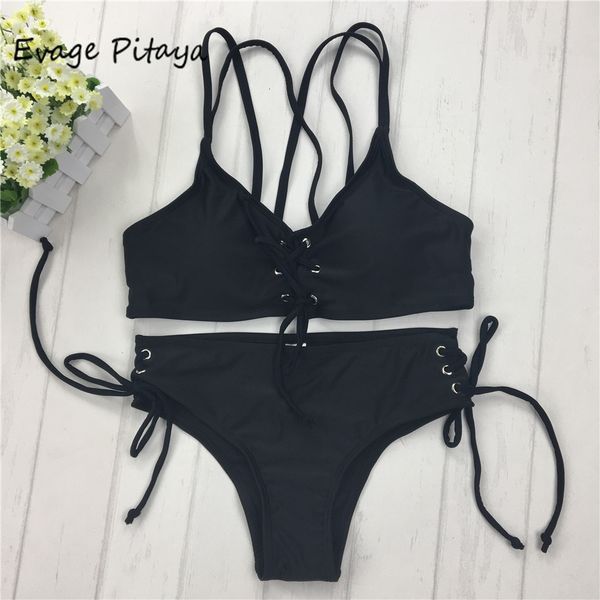 

black strappy bikini cut out halter soild set women swimwear swimsuit beach bathing suits, White;black