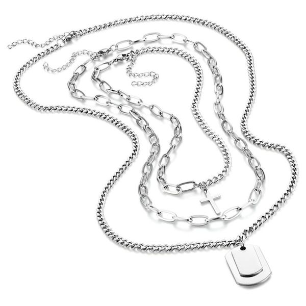 

pendant necklaces 2pcs punk personality cross square for women men multilayer long chain cool streetwear necklace jewelry mn292, Silver