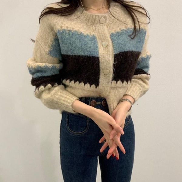 

women's knits & tees casual patchwork long sleeve o neck women cardigans knitted autumn winter loose button up short sweater coat korea, White