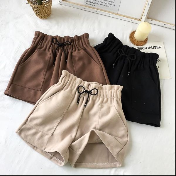 

plus size women short high waist wide leg shorts autumn winter solid casual thicken warm ladies woolen elastic, White;black