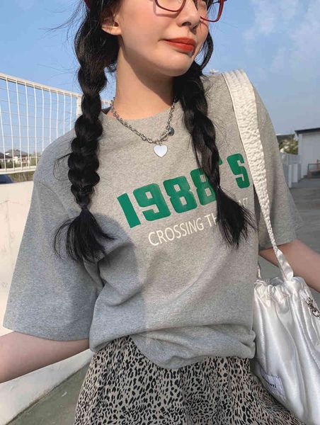 

summer letter printing all-match round neck short-sleeved t-shirt female korean version loose thin 210429, Black