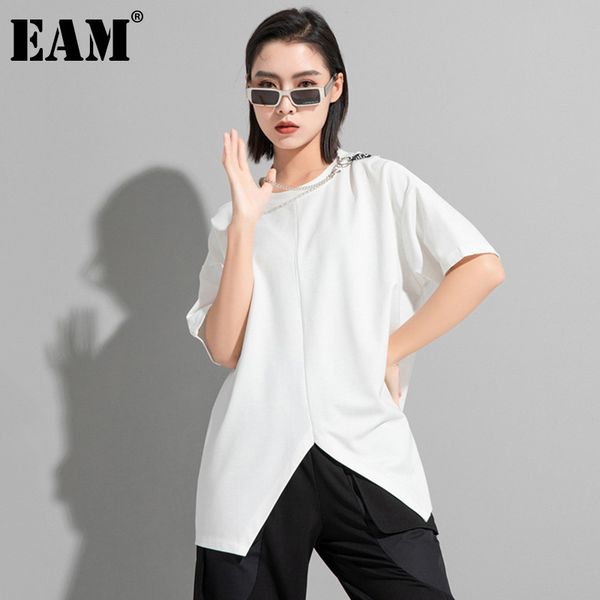 

[eam] women black big size irregular off shoulder chain t-shirt round neck half sleeve fashion spring summer 1dd8080 21512, White