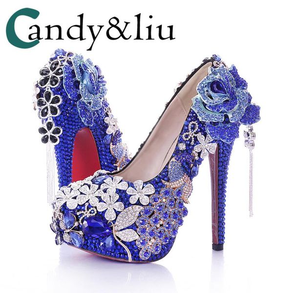 

party shoes wedding pumps blue diamond flower bride accessory tassel waterproof platform round closed toe decal ladies dress, Black