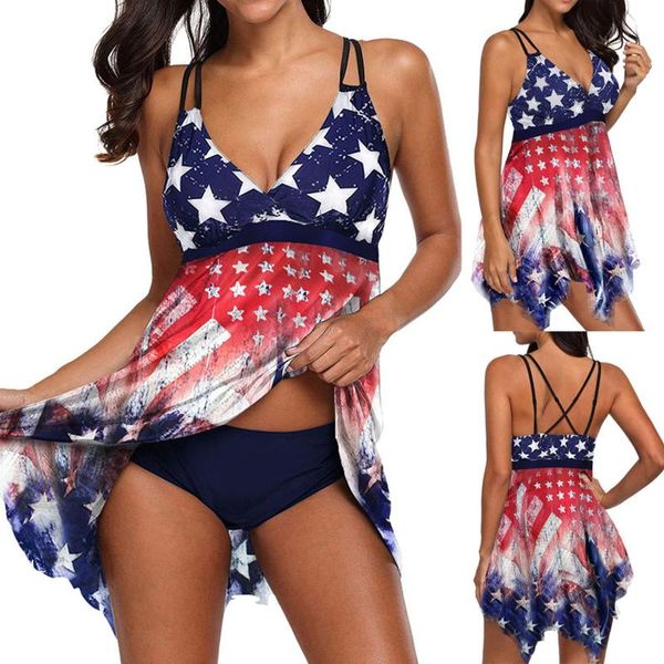 

women's swimwear plus size american flag crisscross back swimskirt two piece swimsuit beach bathing suit biquinis one-piece suits