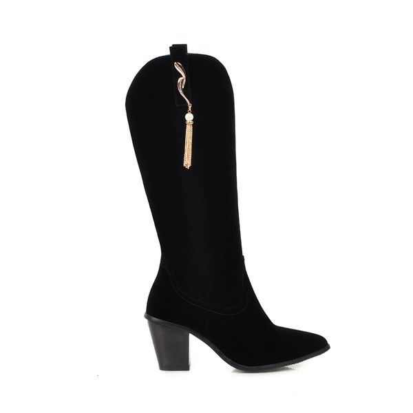 

boots simloveyo chains knee women in autumn pointed toe slip on flock cowboy booties high heels botas bottines size 33-46 x5fl, Black