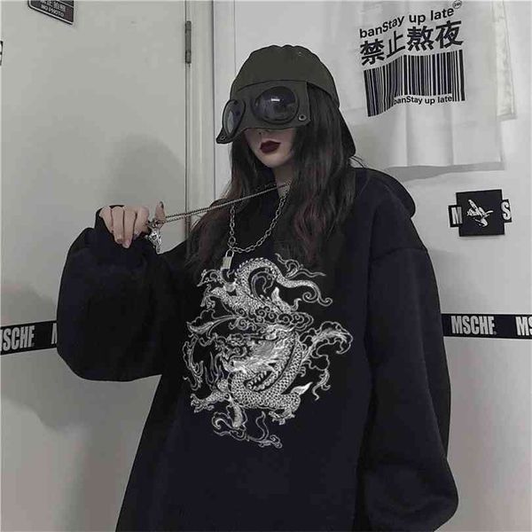 

dragon print chinese style harajuku retro swag hoodie oversized streetwear kpop y2k casual hoodies couple clothes 210817, Black