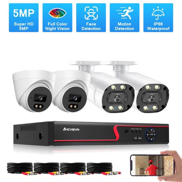 

video surveillance system kit h.265+ 4ch dvr outdoor waterproof security ahd camera 5mp super hd color night vision wireless kits