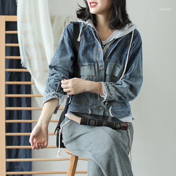 

johnature ladies denim jackets casual 2021 autumn winter clothes turn-down collar single breasted loose women vintage coats1, Black;brown