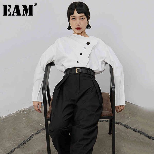 

[eam] women white pleated button blouse asymmetric long sleeve loose fit shirt fashion spring autumn 1b670 21512
