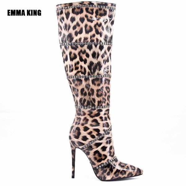 

boots women over the knee fashion leopard thin high heels crystal decor side zipper boot party shoes 2021, Black