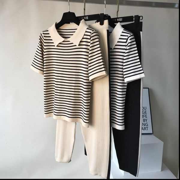 

lapel stripe short sleeved knitting womenpant outfit wide leg two piece suit women summer fashion trousers sets, White