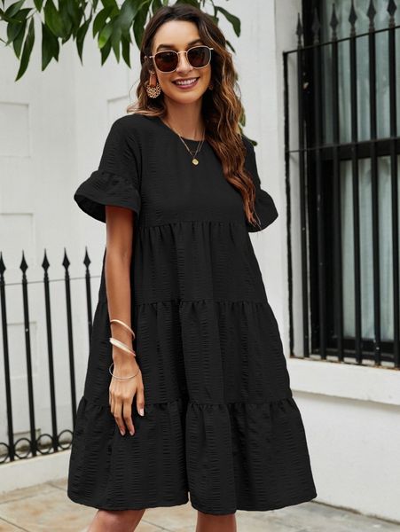 

solid flounce sleeve smock dress b2qt#, Black;gray