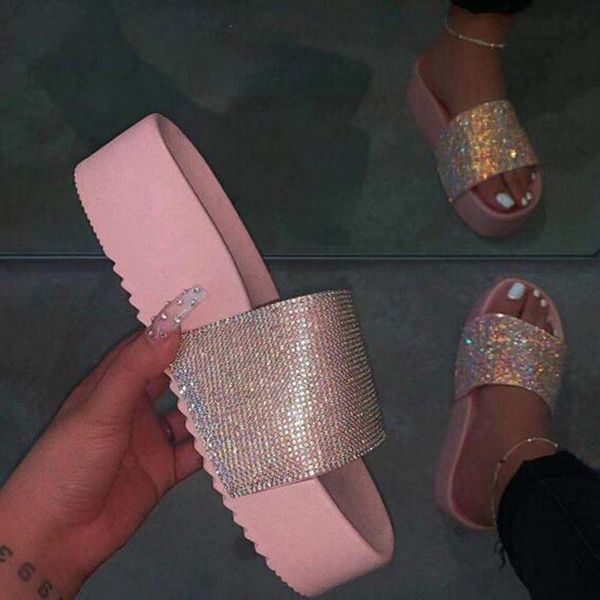 

outdoor beach sandals wild fashion ladies spring summer/women waterproof platform thick bottom rhinestone slippers candy-colored, Black