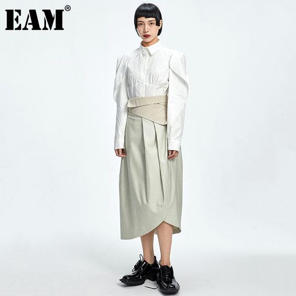 

[eam] high waist gray spliced pleated long sashes asymmetrical half-body skirt women fashion spring autumn 2021 1dd7296 skirts, Black
