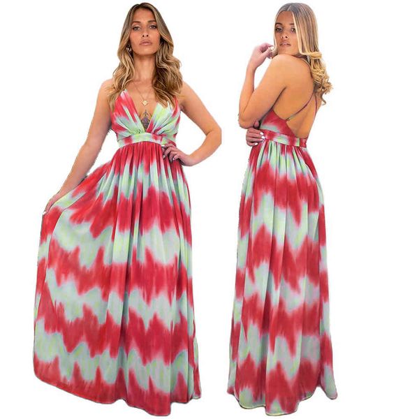 Verão Mulheres Beach Maxi Vestido Casual Gradient Impressão Listrada Cintura Alta Kingless Sexy V Neck Suspender Long Prom Vestidos 210507