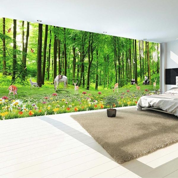 

wallpapers drop custom 3d po wallpaper green forest cartoon animals backdrop wall mural panda deer flower natural scenery
