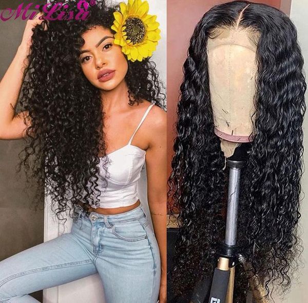 

mi lisa 13x4 curly human hair wig brazilian lace front pre plucked for black women 150% density wigs1, Black;brown