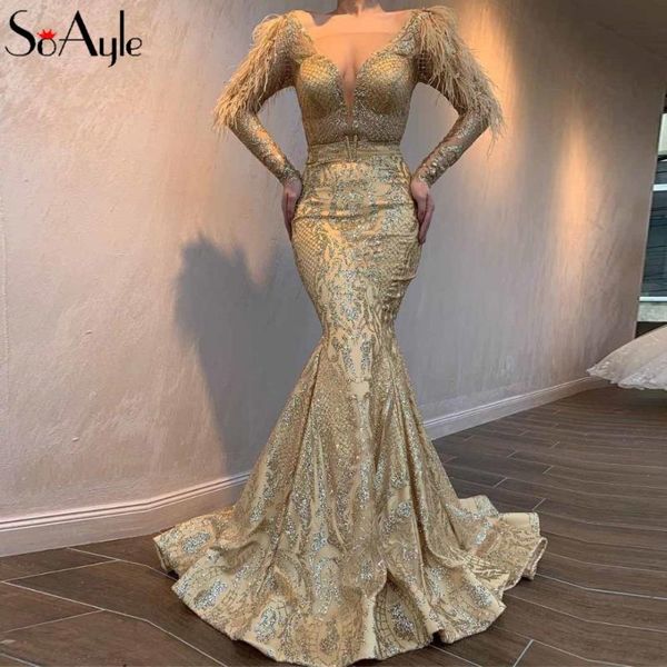 

party dresses soayle prom 2021 feathers vestidos de gala gold powder lace evening mermaid long dress champagne, White;black