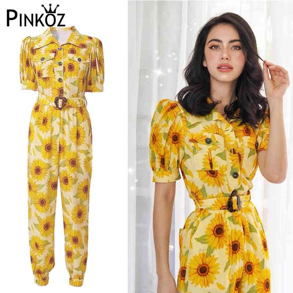 

sunflowe printed pocket buttons bodysuits short puff sleeve turn down collar long pants summer resort jumpsuit womn belt 210421, Black;white